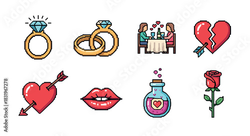 Retro pixel art icons of romance: rings, hearts, and love symbols