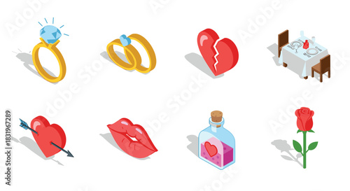 Isometric love icons: rings, hearts, lips, and romantic settings