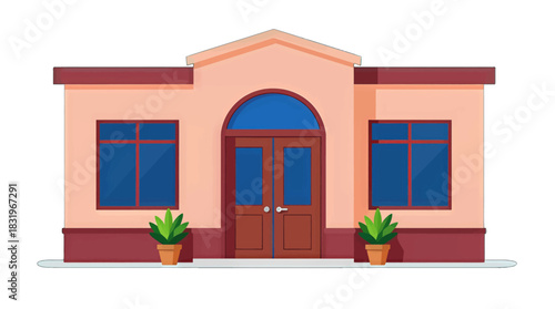 Modern peach house with arched windows and potted plants