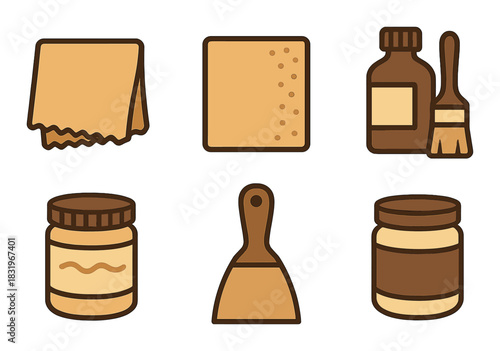 Woodworking tools icon set: sandpaper, varnish, paintbrush, putty knife, jars