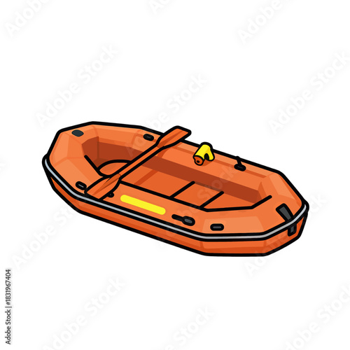 Orange inflatable raft with oars and yellow accents
