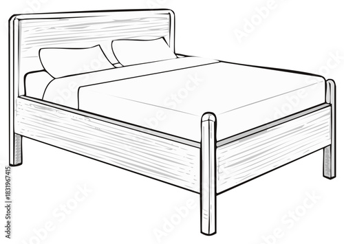 Wood Bed Sketch with Headboard and Pillows, Furniture Illustration