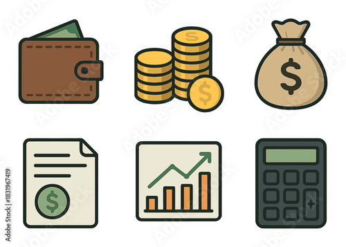 Financial icons set with wallet, coins, money bag, document, graph, and calculator