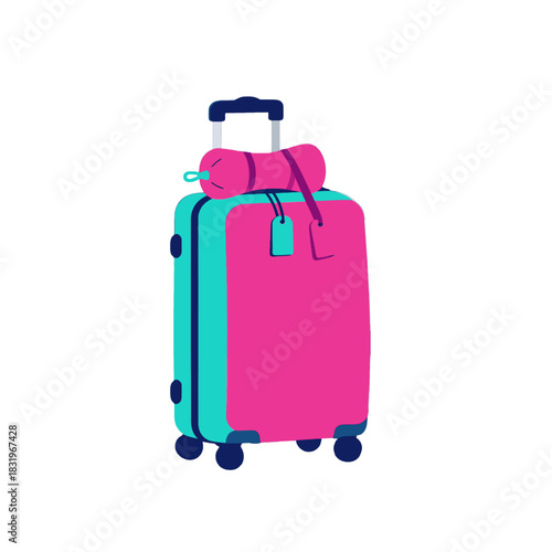 Pink and teal rolling suitcase with sleeping bag on top