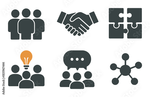 Collaboration and innovation icons with puzzle, handshake, and lightbulb