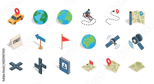 Isometric navigation and travel icons featuring maps and gps elements