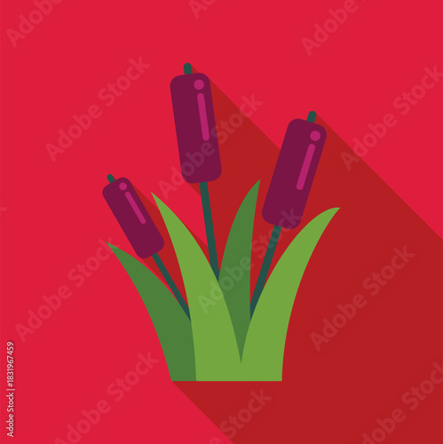 Cattail plants growing with green leaves, featuring a long shadow flat design