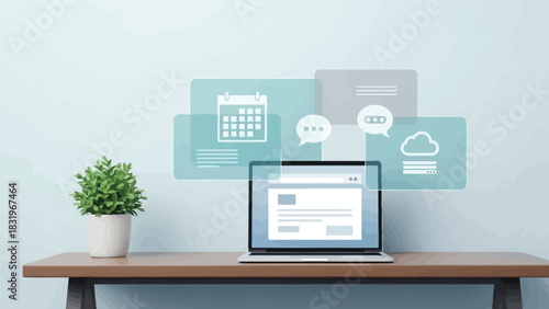 Digital Business Administration Concept with Laptop Mockup, Potted Plant, and Floating Icons: Calendar, Chat, and Cloud Storage for Modern Office Management