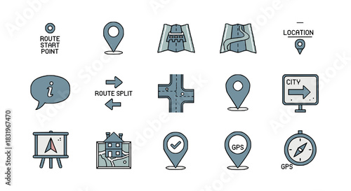 Minimalist navigation icon set for map and gps design projects