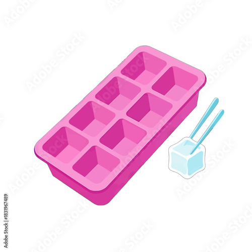 Pink Ice Cube Tray with Ice Cube and Tongs