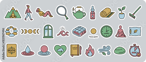 Wellness and mindfulness icon set. containing meditation, yoga, mindfulness, nature, relaxation, time, tea, and more. Vector collection
