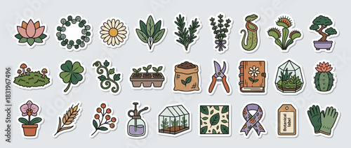 Botanical and gardening icon set. containing flower, plant, herb, bonsai, cactus, greenhouse, and more. Vector collection
