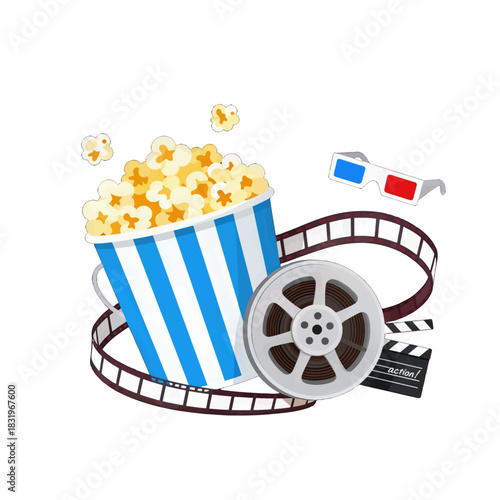 Movie night essentials with popcorn and film reel