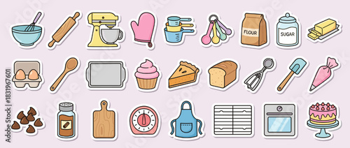 Baking essentials icon set. containing mixer, whisk, oven, rolling pin, cake, pie, flour, sugar, butter, eggs. Vector collection