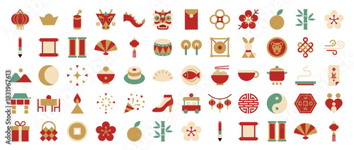 Chinese new year icon set. containing dragon, lantern, dumplings, fan, gongs, red envelope, zodiac, and more. Vector collection