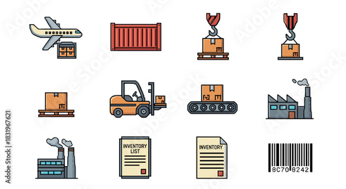 Industrial and logistics icons set featuring transportation, warehousing, and manufacturing elements in flat style