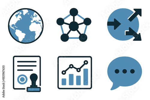 Futuristic technology icons with blue glow: globe, network, arrows, document, graph, chat