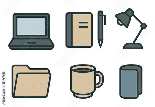 Office essentials icons: laptop, notebook, pen, lamp, folder, mug, smartphone