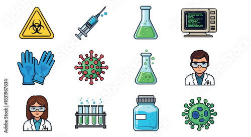 Laboratory and safety icon set with virus, syringe, and test tubes in flat style