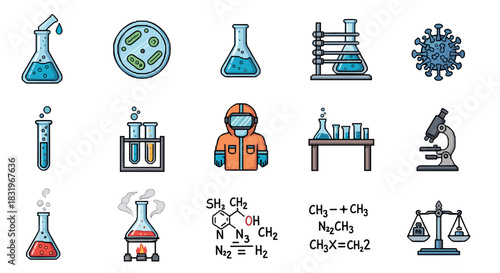 Science lab equipment and chemistry icons in flat design