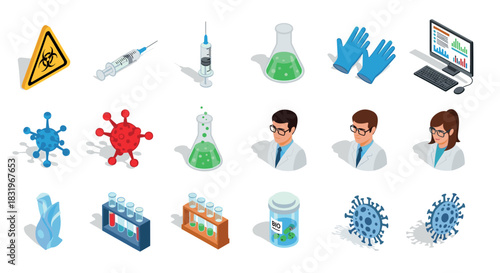 Isometric medical science elements: lab equipment, virus models, and safety gear