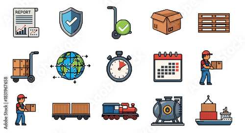 Logistics and supply chain icons set: global delivery, shipping, and warehousing