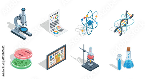 Isometric scientific equipment icons featuring microscope, dna, and lab tools