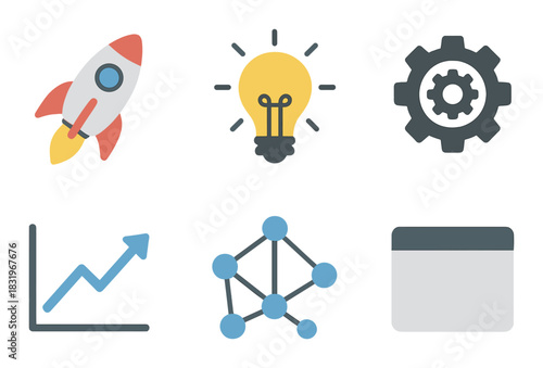 Innovation icons: rocket, light bulb, gear, graph, molecule, browser chart