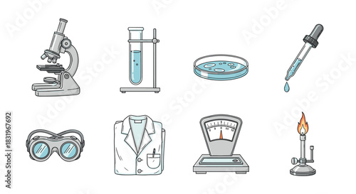 Laboratory equipment icons set featuring microscope, test tube, petri dish, and more in simple style