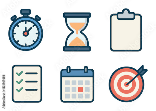 Time management icons: stopwatch, hourglass, clipboard, checklist, calendar, target