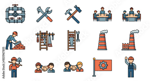 Industrial and construction icons collection: tools, workers, and factories in flat design