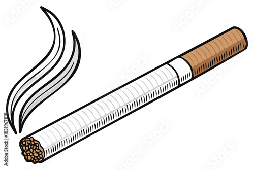 Smoking cigarette with smoke cartoon illustration, concept of addiction or habit.