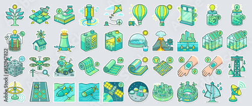 Sustainability and energy icons set. containing renewable, solar, wind, recycling, eco, biodome, battery, drone, and more. Vector collection