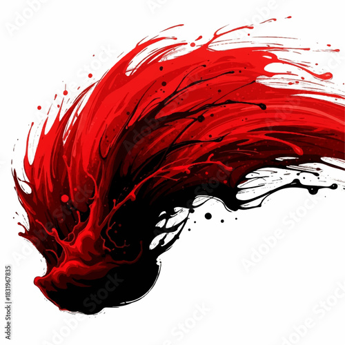 Abstract ink splash illustration in red and black, capturing the dynamic movement or spirit of the horse.