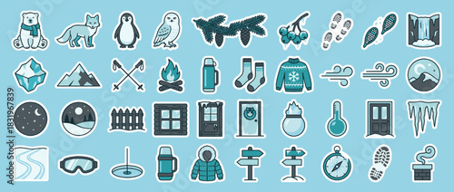 Winter and nature icon set. containing polar bear, fox, penguin, pine branch, snowshoes, waterfall, campfire, mountains, and more. Vector collection