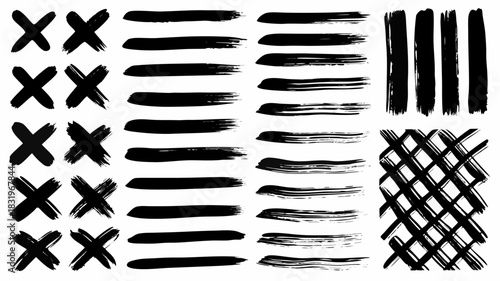 Dynamic grunge brush strokes and cross shapes perfect for modern designs and artistic backgrounds, originally a scalable vector graphic for versatile use