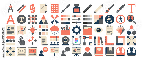 Education and design icon set. containing pen, brush, ink, accessibility, graph, book, planning, presentation, chat and more. Vector collection