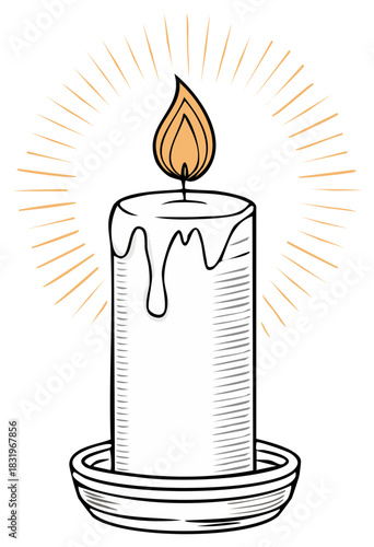 Candle Flame Burning on a Holder with Drip Wax and Rays of Light Illustration