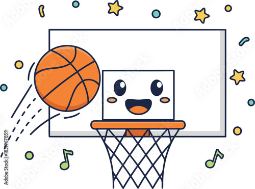 Cheerful mascot dunking basketball joyfully into the net with musical notes and star confetti falling