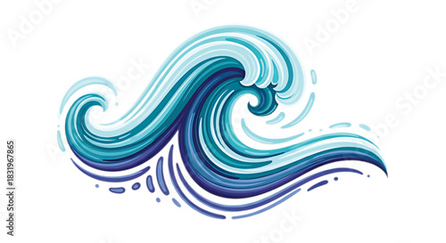 Dynamic blue ocean wave with swirling water and splashing droplets on white background
