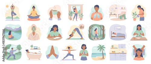 Wellness and self-care icon set. containing yoga, meditation, relaxation, self-care, fitness, nature, and more. Vector collection