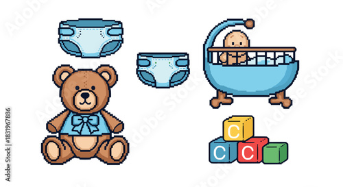 Cute pixel art baby items with teddy bear and crib for nursery decor