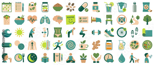 Health and fitness icon set. including yoga, heart, exercise, nutrition, wellness, mindfulness, hydration, mental health. Vector collection
