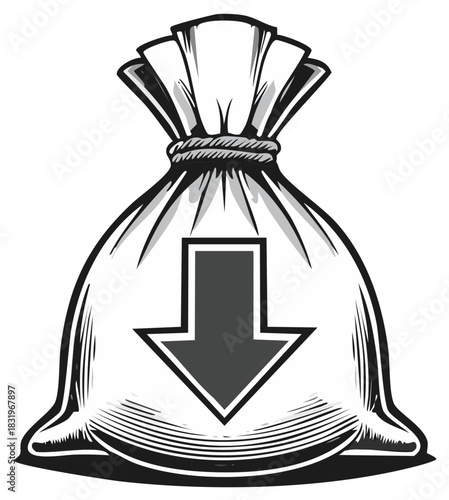 Graphic money bag with a down arrow symbolizing financial decline decreased value or loss