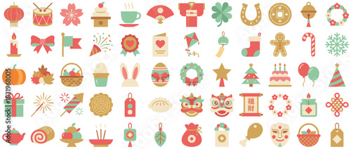 Festive and celebration icons set. including drum, cupcake, tea, fan, kimono, clover, lanterns, bell, ribbon, and more. Vector collection