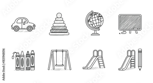 Hand drawn school and playground icons: creative sketch style education set