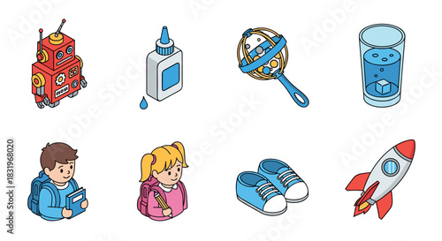 Colorful cartoon icons: robot, school supplies, kids, rocket, and toys collection