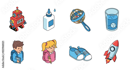 Fun cartoon icons: robot, school supplies, toys, and rocket adventure