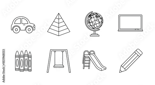 Minimalist linear icons of education and play objects set