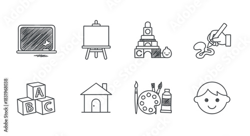 Simple line icons of education and creativity tools for kids